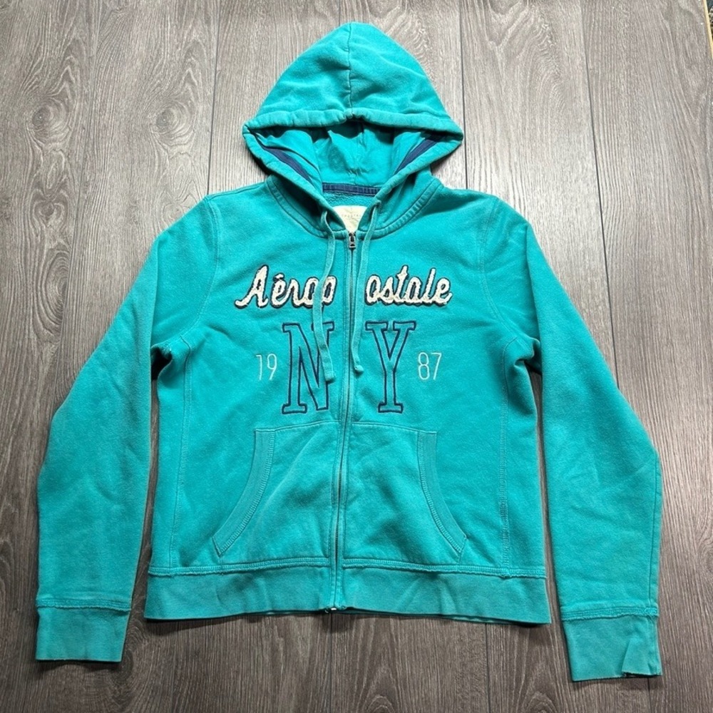 Aeropostale Womens XL Vintage Y2k Full Zip Hoodie Teal Turquoise NY 1987 Vintage